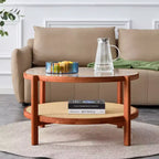 Table basse rustique à 2 niveaux TUYOHW avec plateau en verre, table d'appoint ronde en rotin tressé, table basse de style oriental de 80 cm pour salon