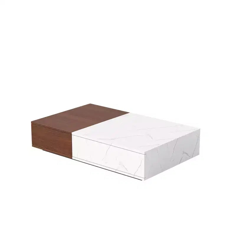 Table basse basse TUYOHW bicolore avec rangement, table basse à 2 tiroirs pour salon, table basse rectangulaire avec motif marbre