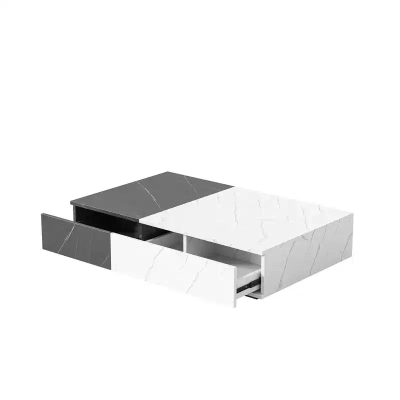 Table basse basse TUYOHW bicolore avec rangement, table basse à 2 tiroirs pour salon, table basse rectangulaire avec motif marbre