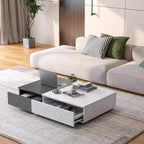 Table basse basse TUYOHW bicolore avec rangement, table basse à 2 tiroirs pour salon, table basse rectangulaire avec motif marbre