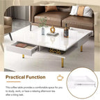 TUYOHW Table basse exquise avec tiroirs, table centrale en bois à 2 niveaux pour la décoration intérieure, table de salon avec plateau brillant, 50 kg max, blanc