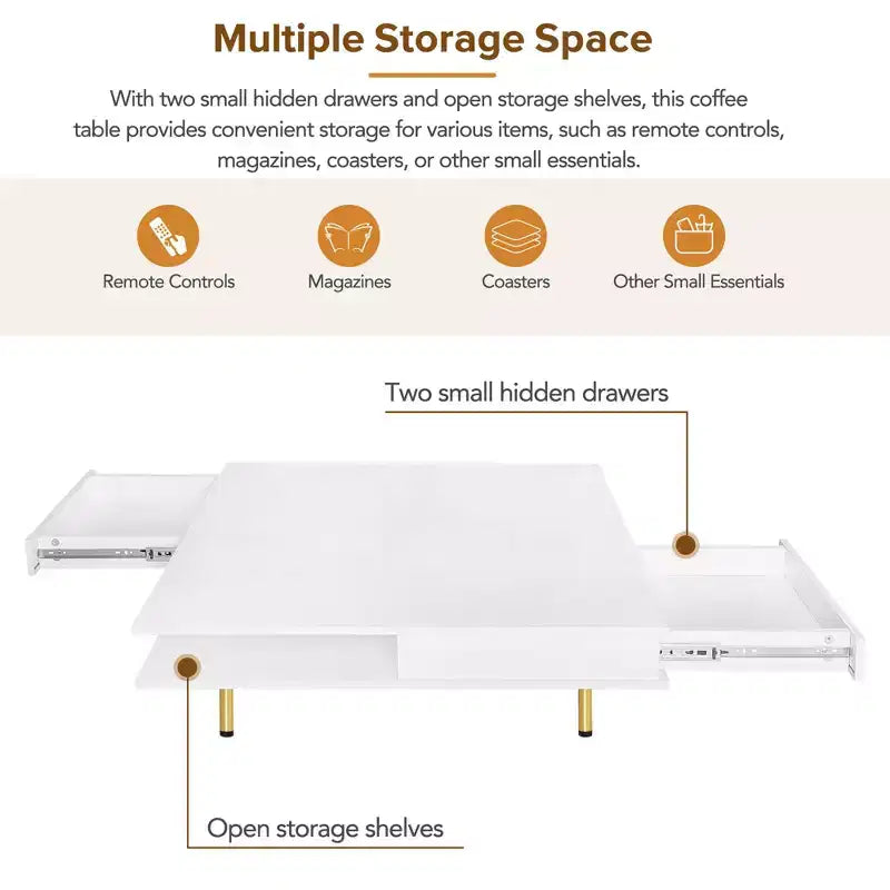 TUYOHW Table basse exquise avec tiroirs, table centrale en bois à 2 niveaux pour la décoration intérieure, table de salon avec plateau brillant, 50 kg max, blanc