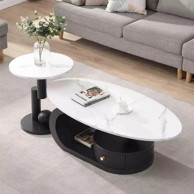TUYOHW Modern Nesting Coffee Table Set of 2,Oval Coffee Table for Living Room,Round End Table Set with Drawer,Storage Cocktail Table,Black/White