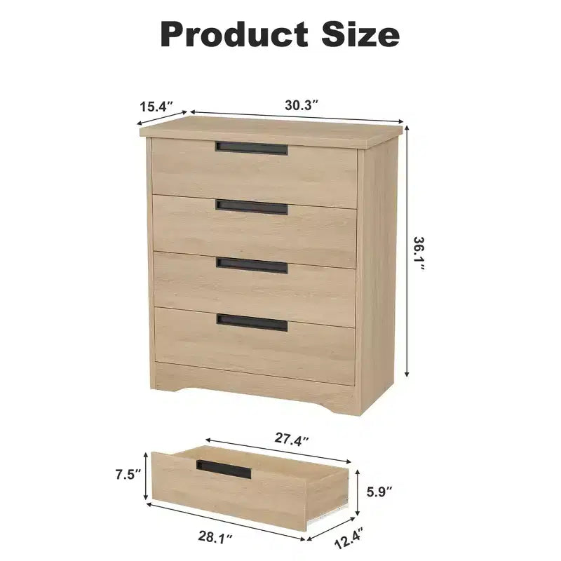 Commode 4 tiroirs, Meuble de rangement pour chambre, Commode en bois avec poignées encastrées pour salon, couloir