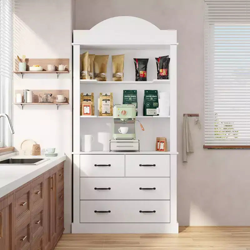 Hitow Freestanding Kitchen Pantry Cabinet Kitchen Storage Hutch with 4 Drawers/Open Shelves Organizer Cabinet for Kitchen & Coffee Bar