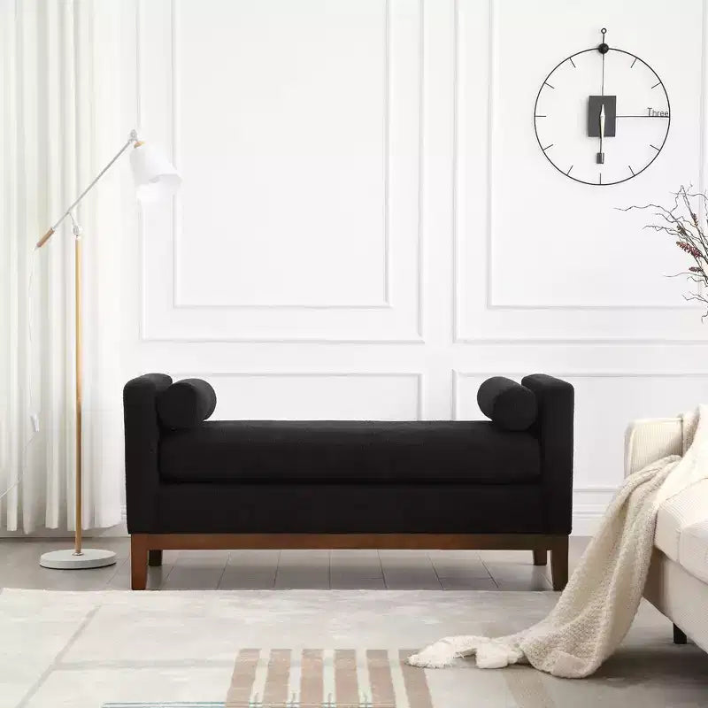 Banc rembourré de 53,5 po de large, ottoman avec pieds en bois et coussins cylindriques pour le bout du lit, la chambre, le salon, l'entrée, noir