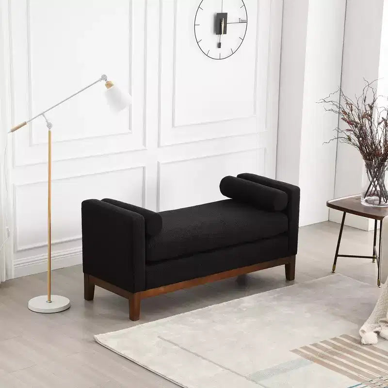 Banc rembourré de 53,5 po de large, ottoman avec pieds en bois et coussins cylindriques pour le bout du lit, la chambre, le salon, l'entrée, noir