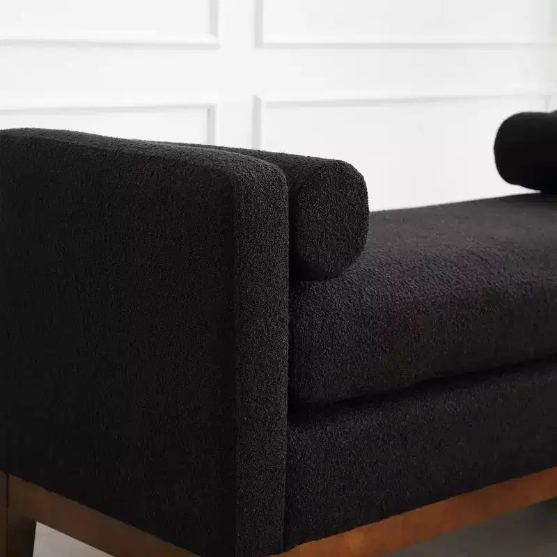 Banc rembourré de 53,5 po de large, ottoman avec pieds en bois et coussins cylindriques pour le bout du lit, la chambre, le salon, l'entrée, noir