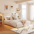 Cadre de lit flottant avec station de recharge, cadre de lit plateforme rembourré avec tête de lit et espace de rangement caché, beige