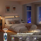 Cadre de lit flottant avec station de recharge, cadre de lit plateforme rembourré avec tête de lit et espace de rangement caché, beige