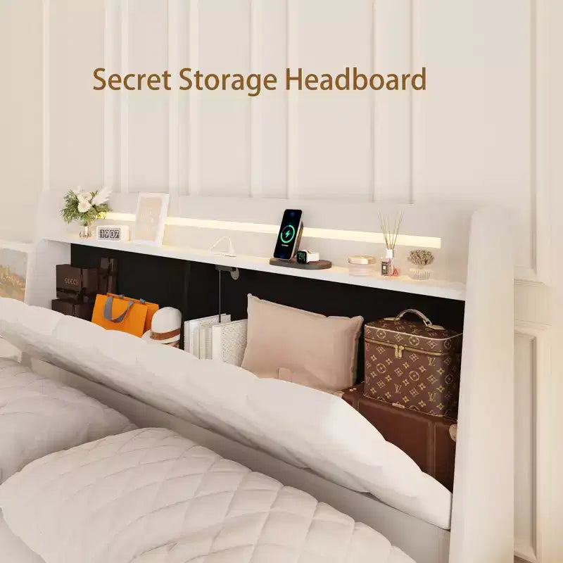 Cadre de lit flottant avec station de recharge, cadre de lit plateforme rembourré avec tête de lit et espace de rangement caché, beige
