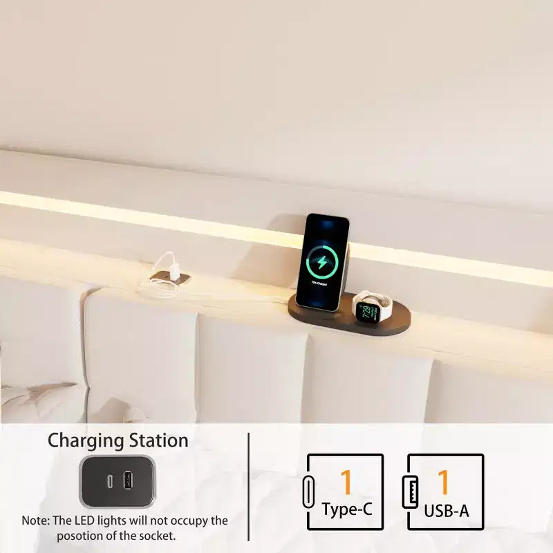 Cadre de lit flottant avec station de recharge, cadre de lit plateforme rembourré avec tête de lit et espace de rangement caché, beige
