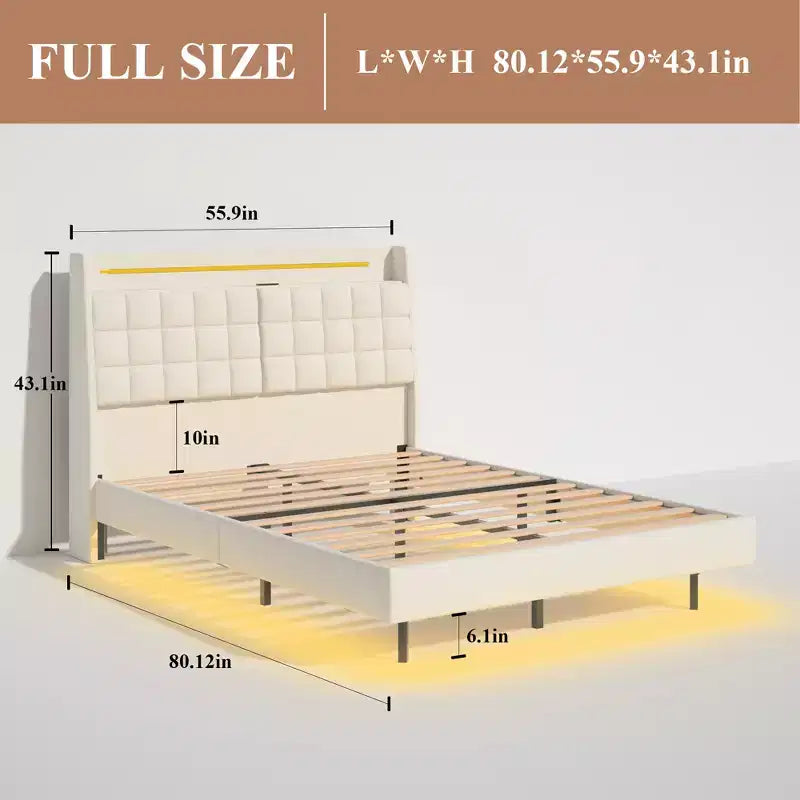 Cadre de lit flottant avec station de recharge, cadre de lit plateforme rembourré avec tête de lit et espace de rangement caché, beige