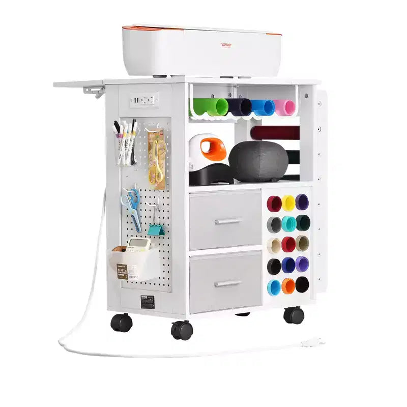Chariot et table de rangement roulants VEVOR, compatibles avec les machines Cricut, poste de travail d'organisation pour loisirs créatifs avec 2 ports USB et prises, blanc