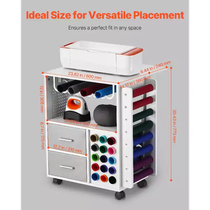 Chariot et table de rangement roulants VEVOR, compatibles avec les machines Cricut, poste de travail d'organisation pour loisirs créatifs avec 2 ports USB et prises, blanc