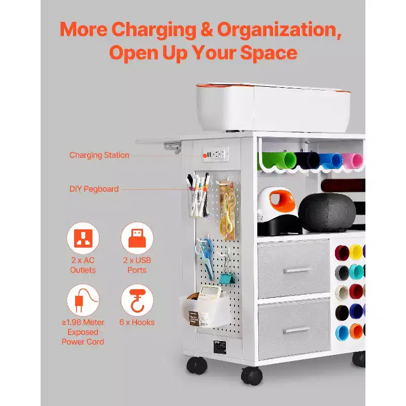 Chariot et table de rangement roulants VEVOR, compatibles avec les machines Cricut, poste de travail d'organisation pour loisirs créatifs avec 2 ports USB et prises, blanc