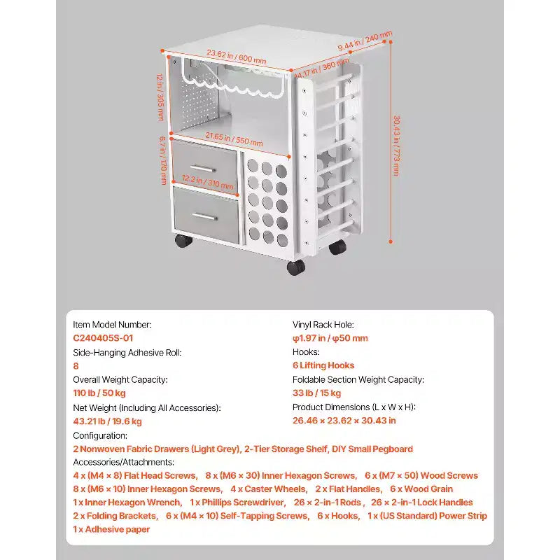 Chariot et table de rangement roulants VEVOR, compatibles avec les machines Cricut, poste de travail d'organisation pour loisirs créatifs avec 2 ports USB et prises, blanc