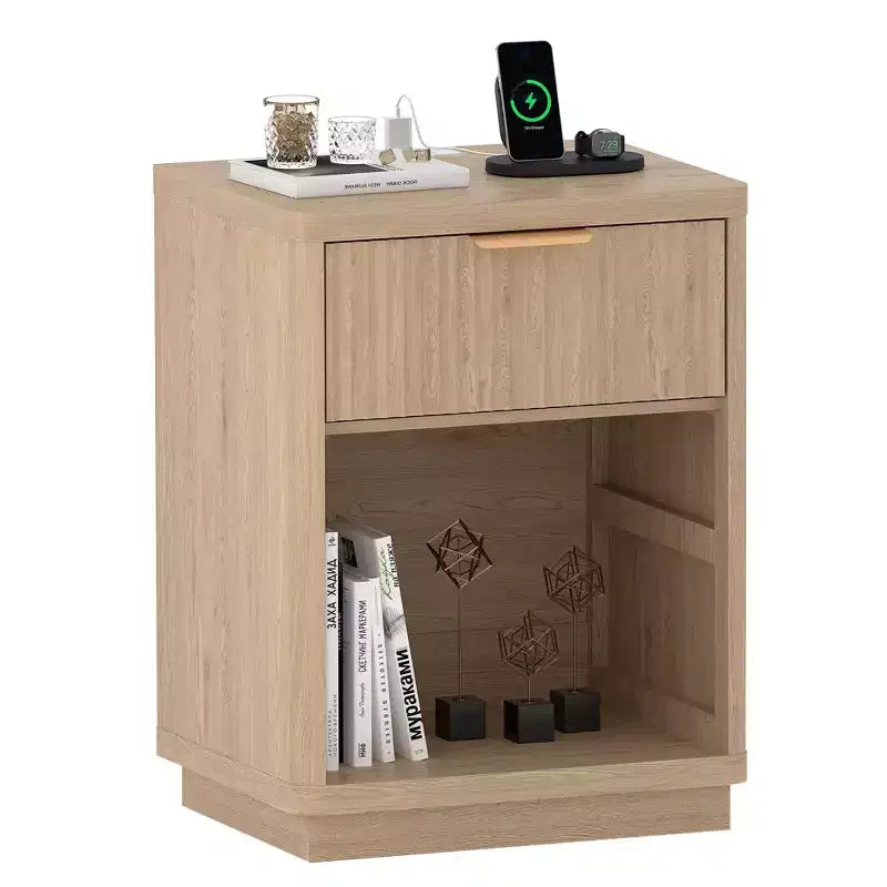 Table de chevet de ferme cannelée, table de nuit avec station de recharge et tiroirs, table de chevet moderne du milieu du siècle avec poignée en métal pour chambre à coucher ou bureau