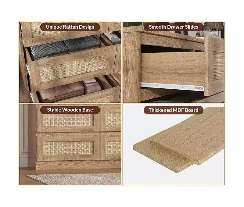 Commode en rotin pour chambre à coucher, commode moderne en bois à 8 tiroirs, grande commode de rangement en bois pour placard, chambre d'enfant, salon et entrée