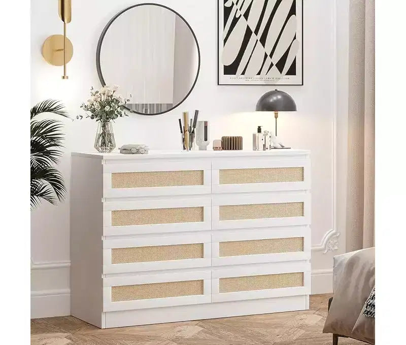 Commode en rotin pour chambre à coucher, commode moderne en bois à 8 tiroirs, grande commode de rangement en bois pour placard, chambre d'enfant, salon et entrée