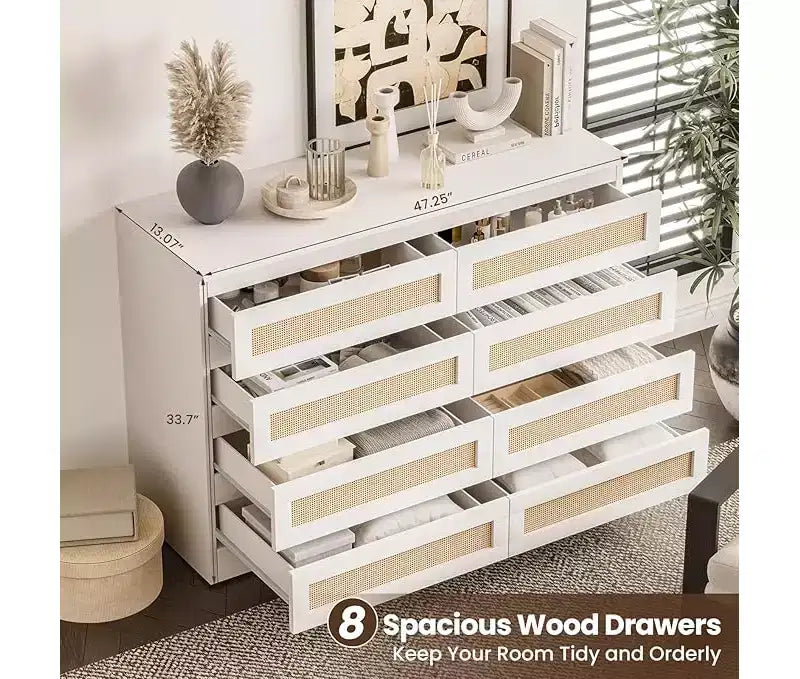 Commode en rotin pour chambre à coucher, commode moderne en bois à 8 tiroirs, grande commode de rangement en bois pour placard, chambre d'enfant, salon et entrée