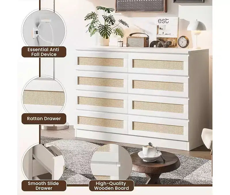 Commode en rotin pour chambre à coucher, commode moderne en bois à 8 tiroirs, grande commode de rangement en bois pour placard, chambre d'enfant, salon et entrée