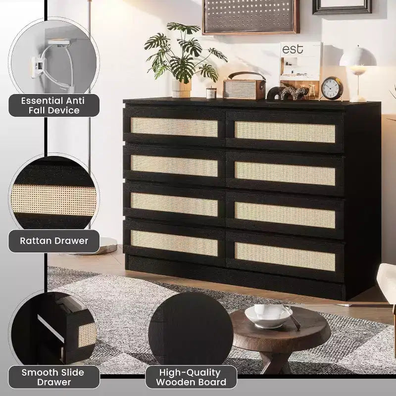 Commode en rotin pour chambre à coucher, commode moderne en bois à 8 tiroirs, grande commode de rangement en bois pour placard, chambre d'enfant, salon et entrée