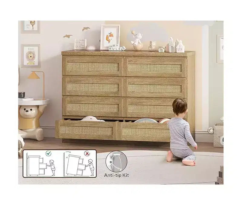 Commode en rotin pour chambre à coucher, commode moderne en bois à 8 tiroirs, grande commode de rangement en bois pour placard, chambre d'enfant, salon et entrée