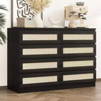 Rattan Dresser for Bedroom, Modern 8 Drawer Wooden Dresser Chest, Wide Wood Beside Table for Closet, Nursery, Living Room and Entryway