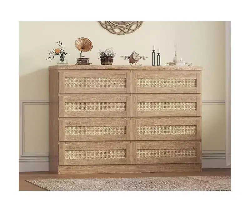 Commode en rotin pour chambre à coucher, commode moderne en bois à 8 tiroirs, grande commode de rangement en bois pour placard, chambre d'enfant, salon et entrée