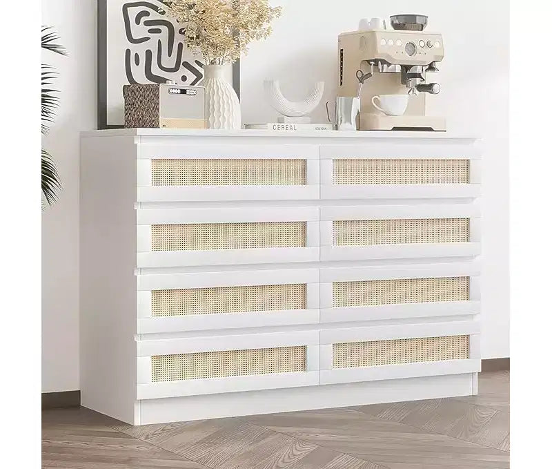 Commode en rotin pour chambre à coucher, commode moderne en bois à 8 tiroirs, grande commode de rangement en bois pour placard, chambre d'enfant, salon et entrée