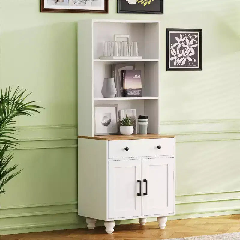Armoire de cuisine moderne avec étagères réglables, tiroir et 4 pieds en forme de gourde, bibliothèque de rangement de ferme à 5 niveaux pour salon