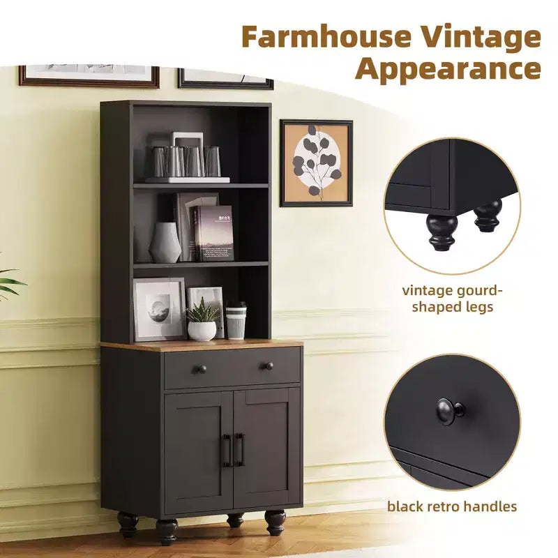 Armoire de cuisine moderne avec étagères réglables, tiroir et 4 pieds en forme de gourde, bibliothèque de rangement de ferme à 5 niveaux pour salon