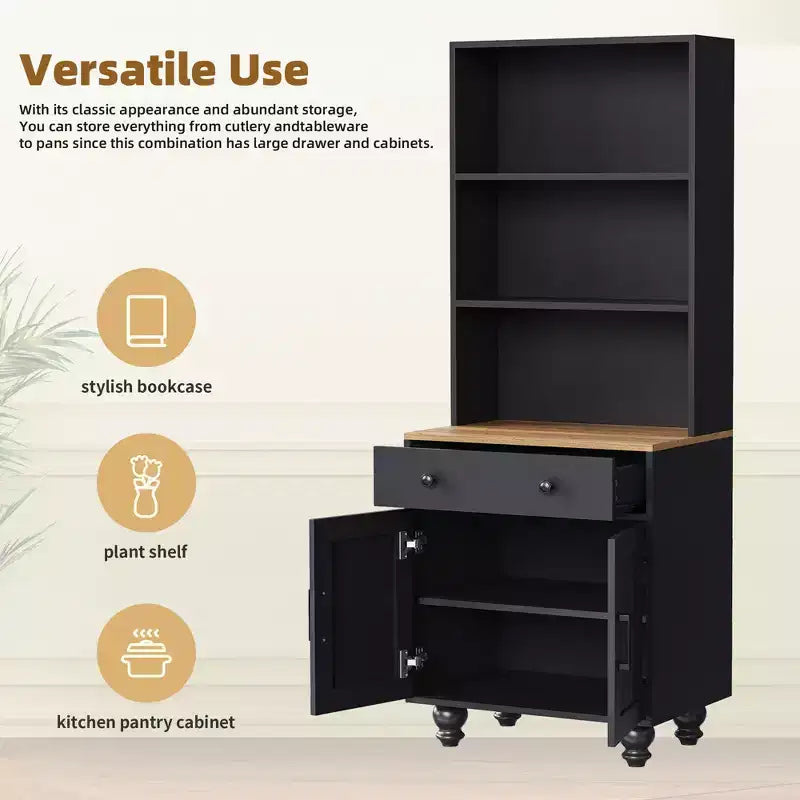 Armoire de cuisine moderne avec étagères réglables, tiroir et 4 pieds en forme de gourde, bibliothèque de rangement de ferme à 5 niveaux pour salon