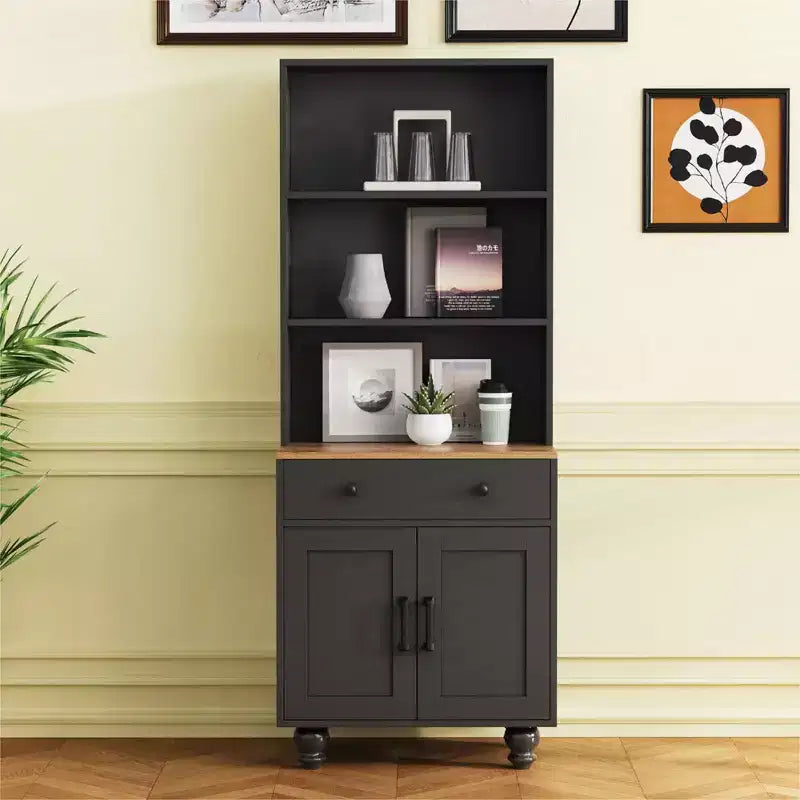 Modern Kitchen Pantry Cabinet with Adjustable Shelves, Drawer & 4 Gourd-Shaped Legs, 5 Tier Farmhouse Storage Bookshelf for Living Room