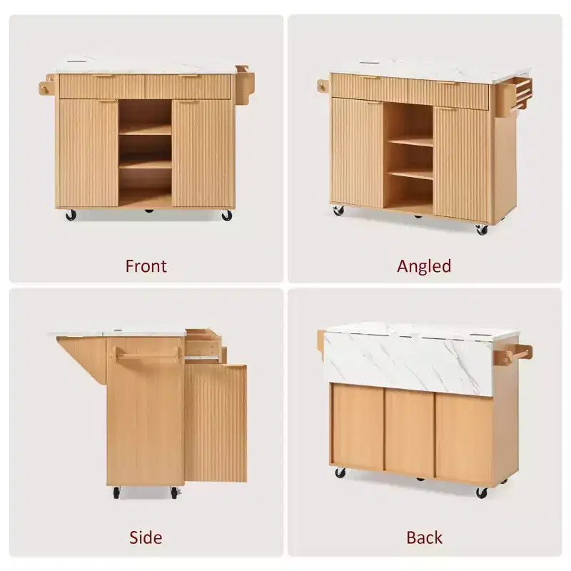 GDFStudio Lyla 52 Chariot de rangement de cuisine cannelé avec prise de courant, îlot roulant et plateau pliable imitation marbre