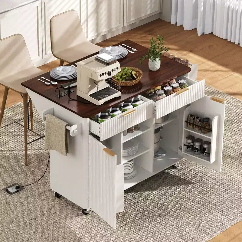 GDFStudio Lyla 52 Chariot de rangement de cuisine cannelé avec prise de courant, îlot roulant et plateau pliable imitation marbre