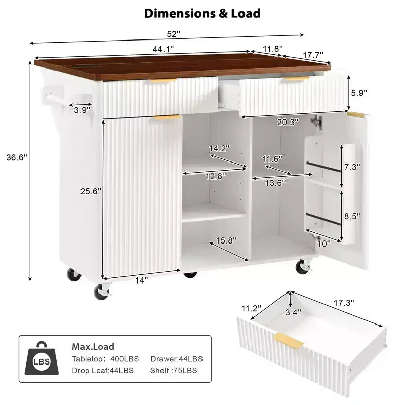GDFStudio Lyla 52 Chariot de rangement de cuisine cannelé avec prise de courant, îlot roulant et plateau pliable imitation marbre