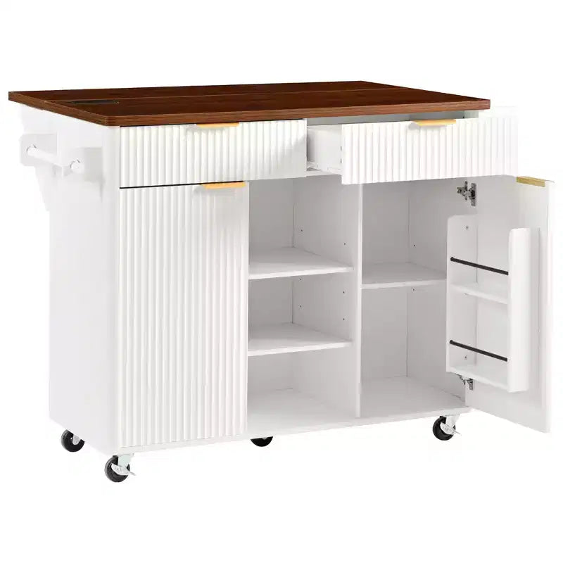 GDFStudio Lyla 52 Chariot de rangement de cuisine cannelé avec prise de courant, îlot roulant et plateau pliable imitation marbre