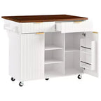 GDFStudio Lyla 52 Chariot de rangement de cuisine cannelé avec prise de courant, îlot roulant et plateau pliable imitation marbre