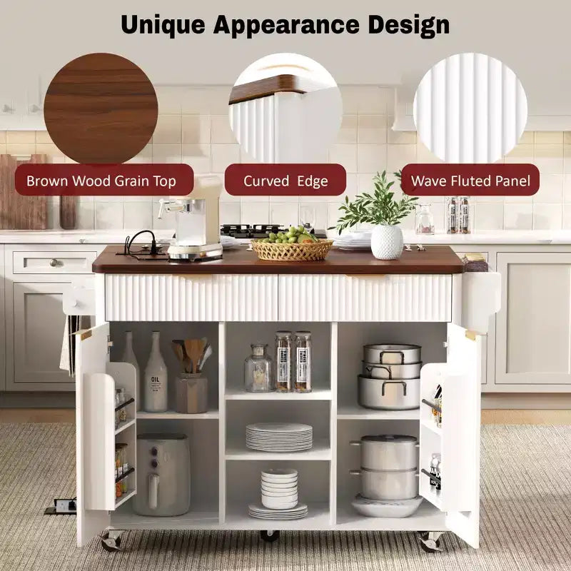GDFStudio Lyla 52 Chariot de rangement de cuisine cannelé avec prise de courant, îlot roulant et plateau pliable imitation marbre