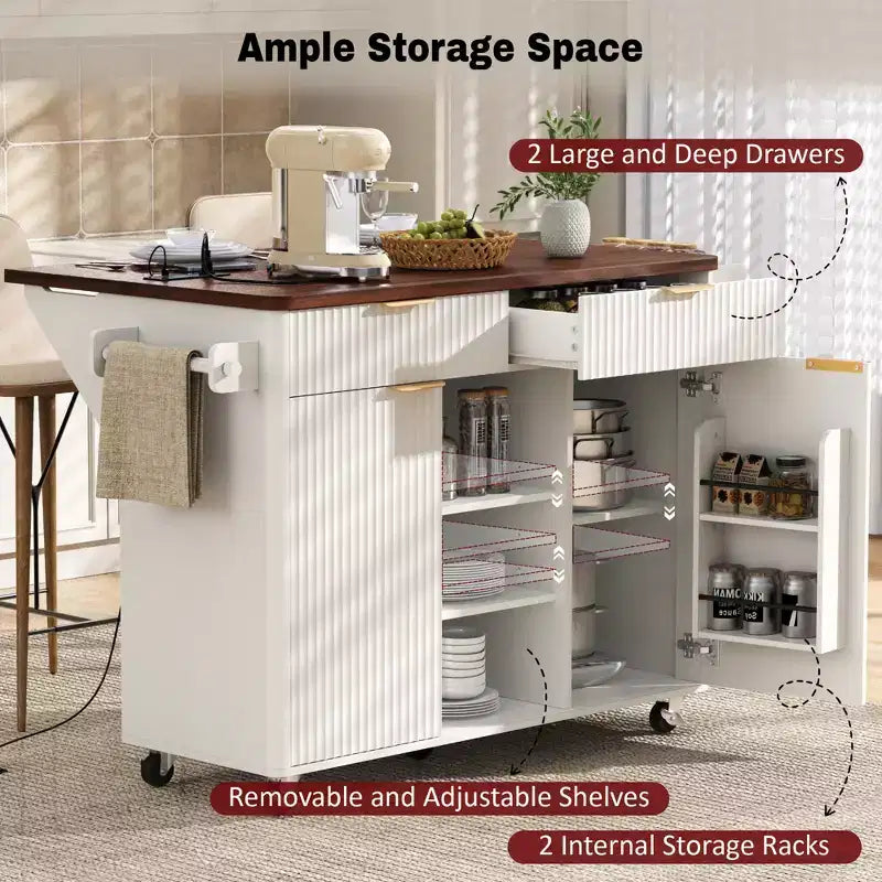 GDFStudio Lyla 52 Chariot de rangement de cuisine cannelé avec prise de courant, îlot roulant et plateau pliable imitation marbre
