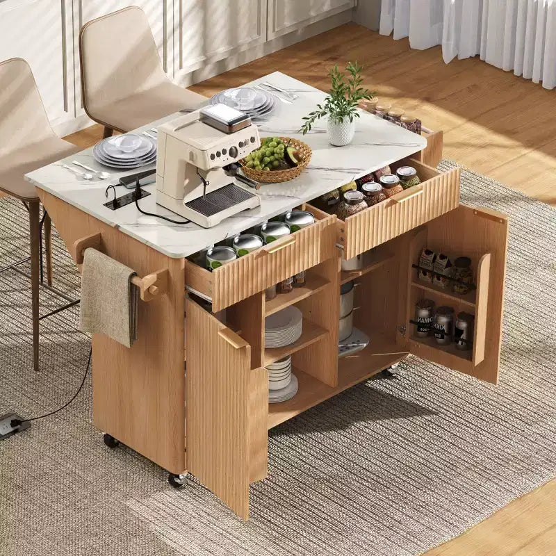 GDFStudio Lyla 52 Chariot de rangement de cuisine cannelé avec prise de courant, îlot roulant et plateau pliable imitation marbre