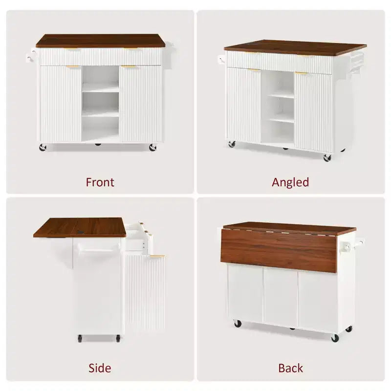 GDFStudio Lyla 52 Chariot de rangement de cuisine cannelé avec prise de courant, îlot roulant et plateau pliable imitation marbre