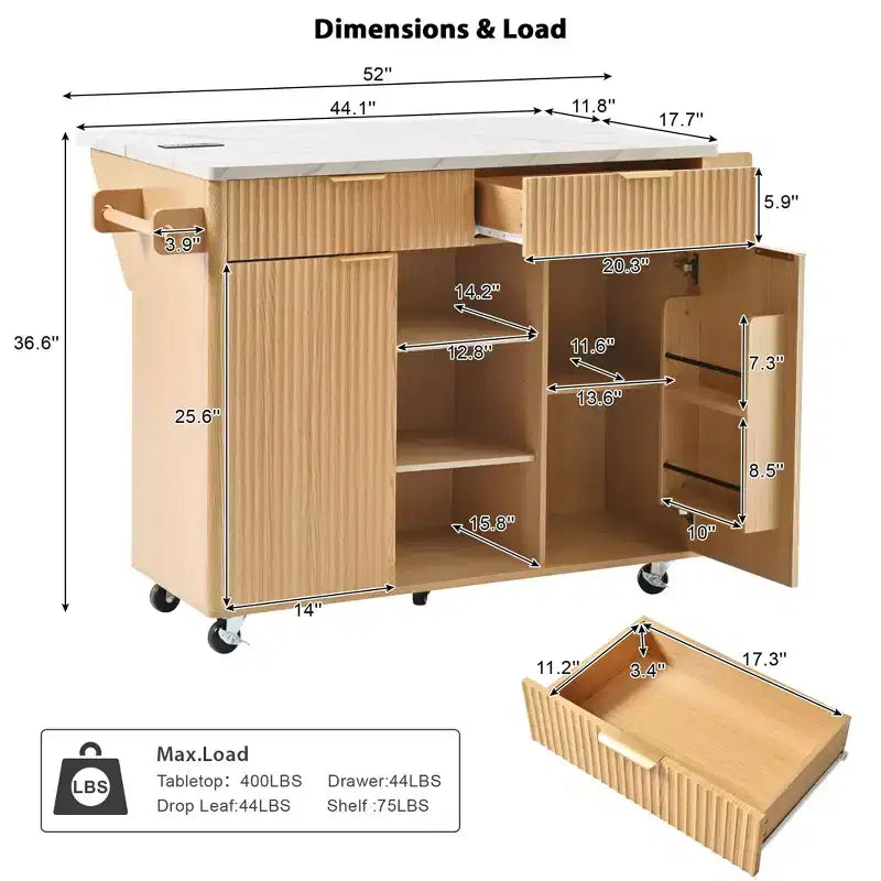 GDFStudio Lyla 52 Chariot de rangement de cuisine cannelé avec prise de courant, îlot roulant et plateau pliable imitation marbre