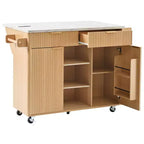 GDFStudio Lyla 52 Chariot de rangement de cuisine cannelé avec prise de courant, îlot roulant et plateau pliable imitation marbre