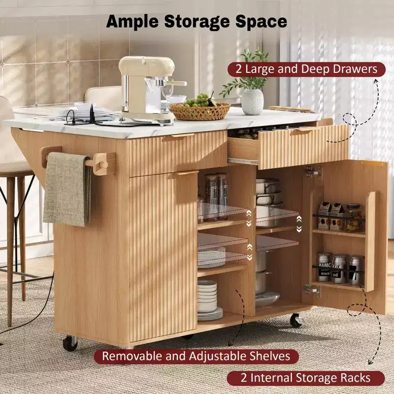 GDFStudio Lyla 52 Chariot de rangement de cuisine cannelé avec prise de courant, îlot roulant et plateau pliable imitation marbre