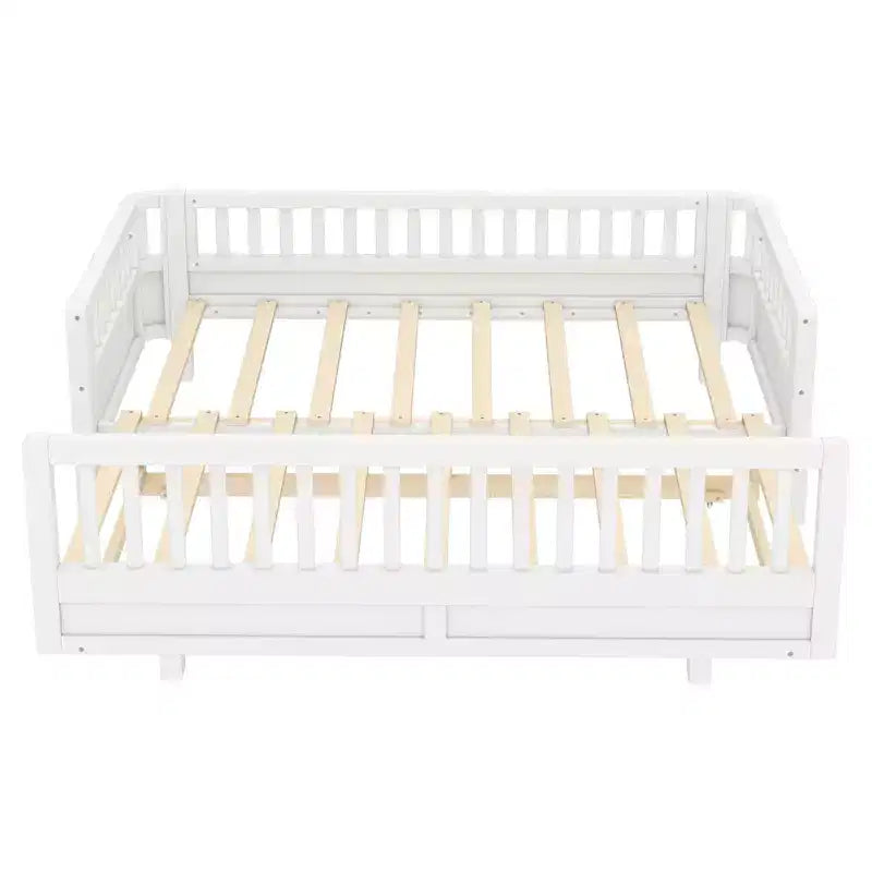 Lit plateforme convertible double/double XL avec barrières de sécurité, transformable en lit double/grand lit, cadre en bois massif - ModernLuxe