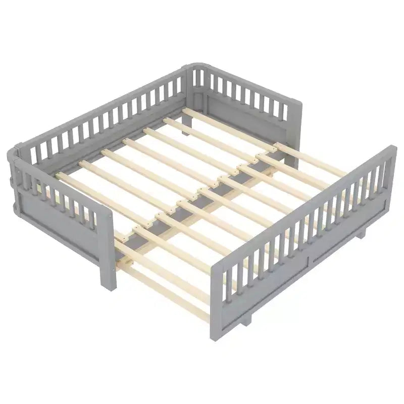 Lit plateforme convertible double/double XL avec barrières de sécurité, transformable en lit double/grand lit, cadre en bois massif - ModernLuxe