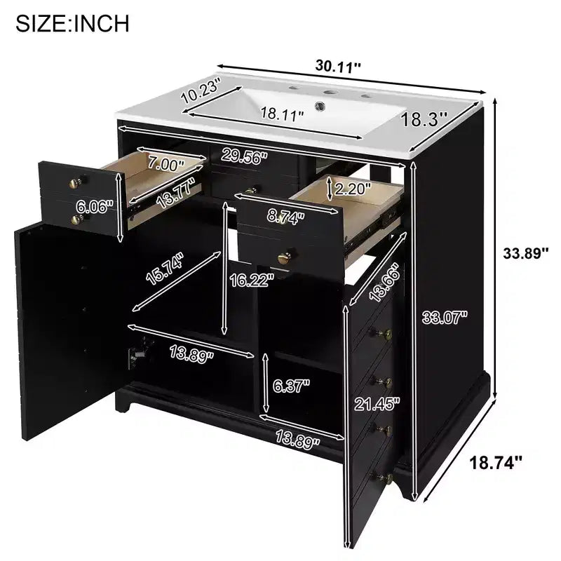 Meuble-lavabo de salle de bain de 30 pouces avec évier, armoire de rangement de salle de bain avec tiroirs et portes à fermeture douce, noir